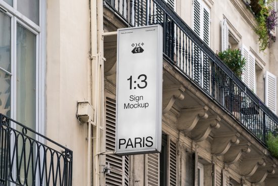 Vertical sign mockup attached to building facade in urban Paris setting for graphic design and branding display.